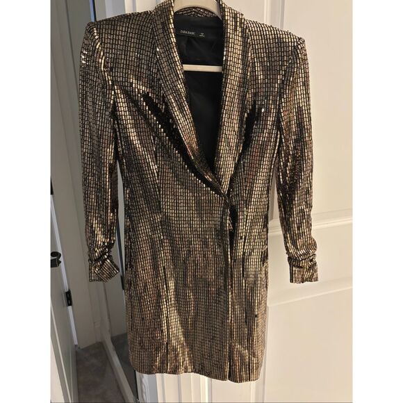 ZARA Gold Sequin Wrap Blazer Tuxedo Dress, XS $159 - Picture 5 of 13
